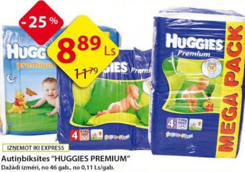 Упаковка Huggies® Premium Mega только за 8,89Ls!